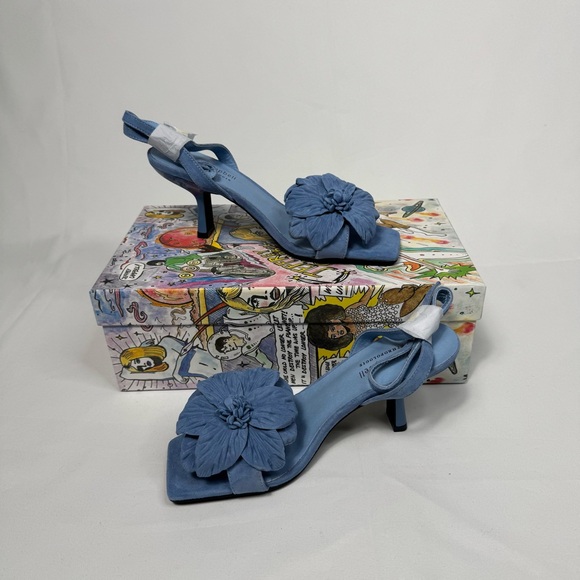 New Jeffrey Campbel Essence Kitten Heels Blue Suede Floral Anthro Womens - Picture 11 of 16